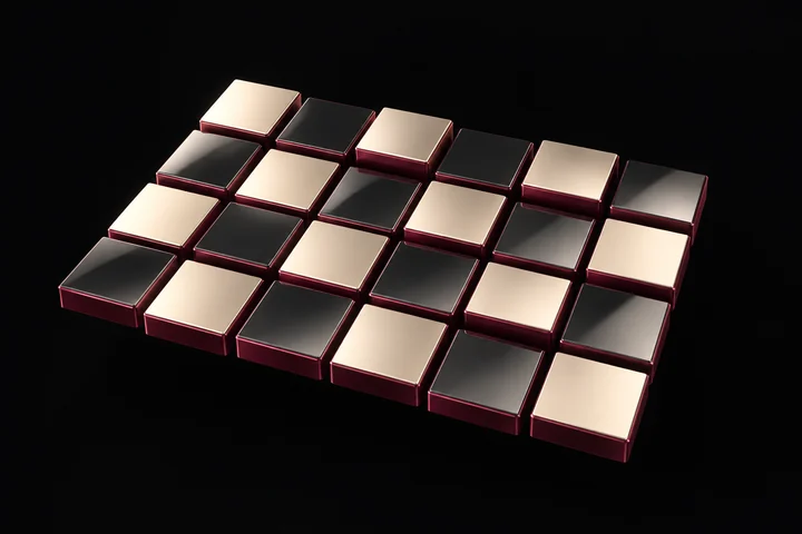 A sculptural matrix of ivory and dark mirrored tiles with maroon edges.